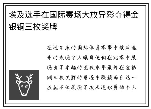 埃及选手在国际赛场大放异彩夺得金银铜三枚奖牌