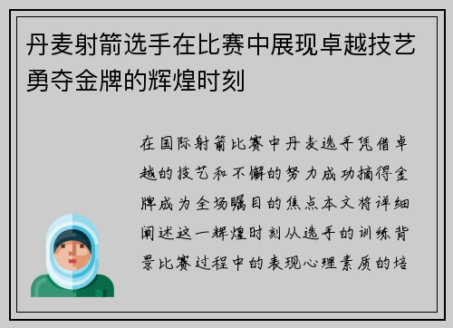 丹麦射箭选手在比赛中展现卓越技艺勇夺金牌的辉煌时刻