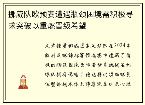 挪威队欧预赛遭遇瓶颈困境需积极寻求突破以重燃晋级希望