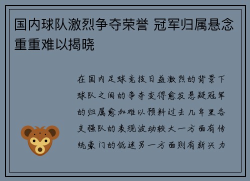 国内球队激烈争夺荣誉 冠军归属悬念重重难以揭晓