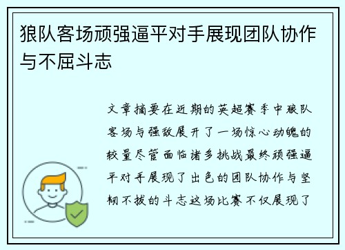 狼队客场顽强逼平对手展现团队协作与不屈斗志