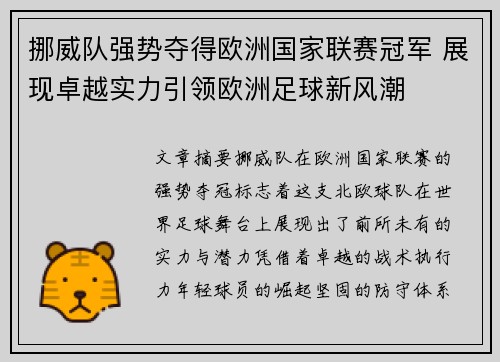 挪威队强势夺得欧洲国家联赛冠军 展现卓越实力引领欧洲足球新风潮