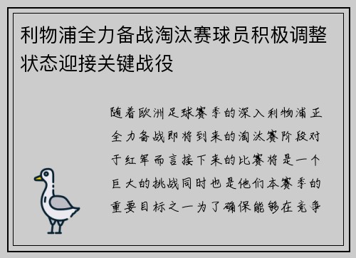 利物浦全力备战淘汰赛球员积极调整状态迎接关键战役